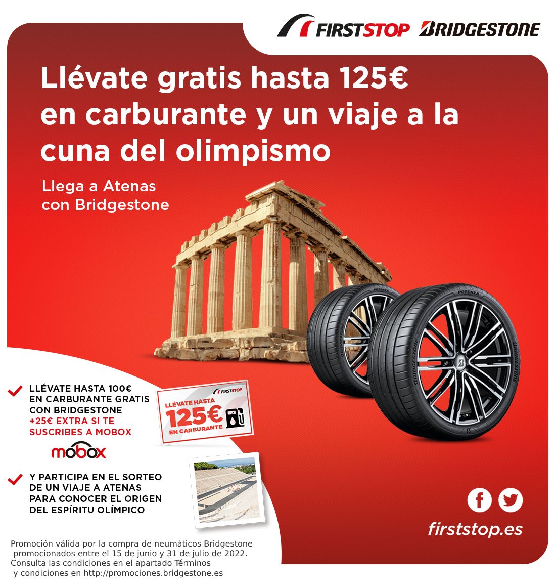 Llévate hasta 125€ en carburante y un viaje a la cuna del olimpismo al montar neumáticos Bridgestone promocionados.